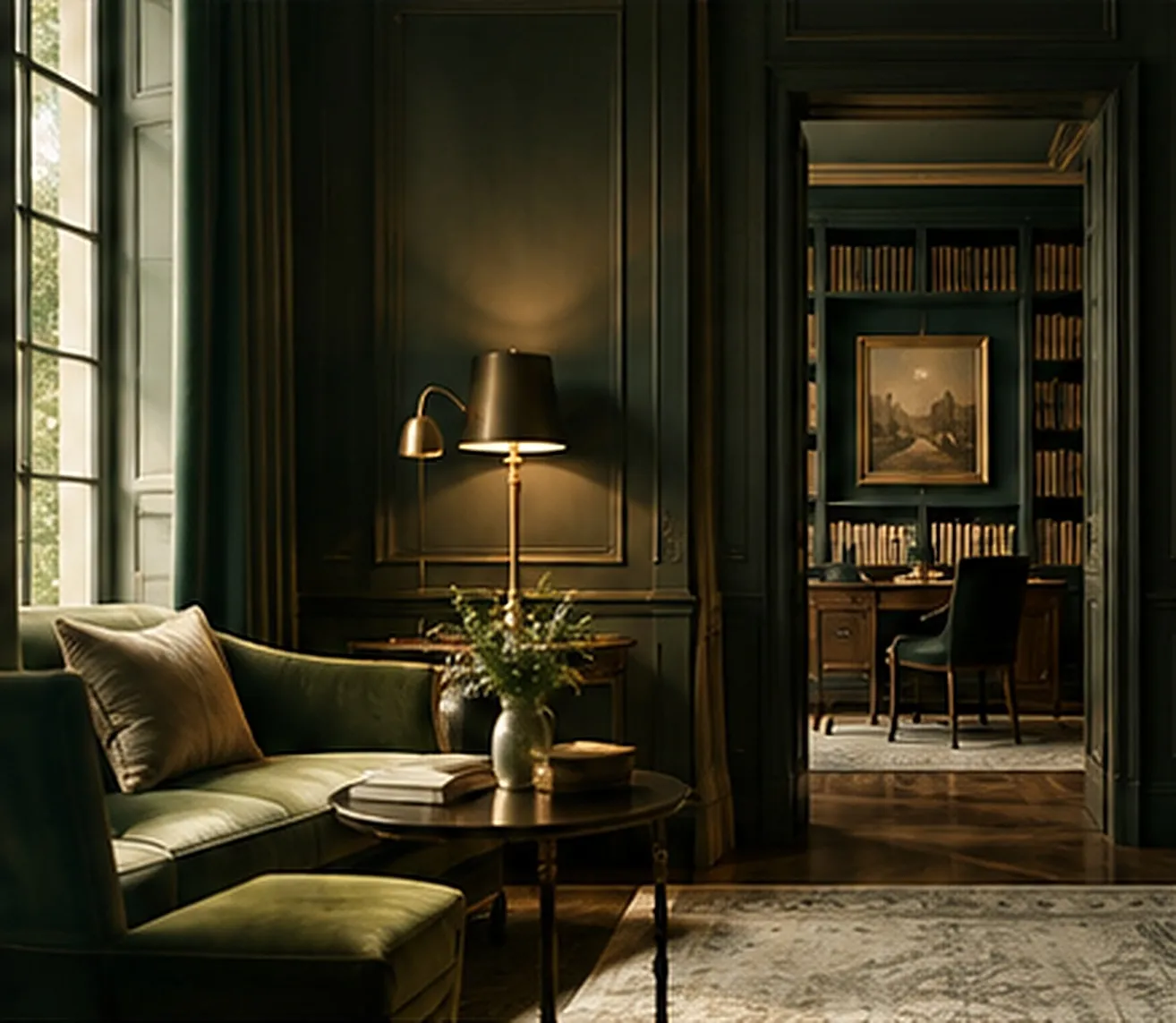 A quiet, lamp-lit study with a green sofa and bookshelves