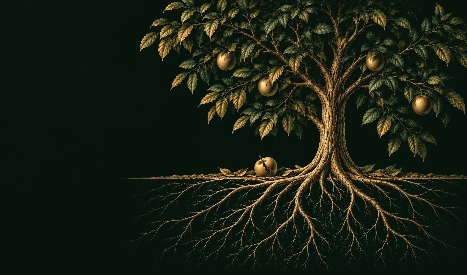 A fruit tree with its roots spreading below ground